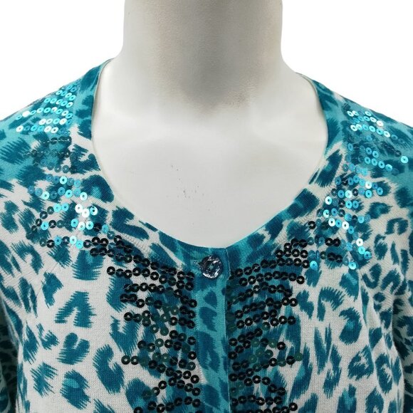 Quacker Factory Blue Leopard Print Sequin Lightweight Cardigan Sweater Size S - Picture 4 of 12